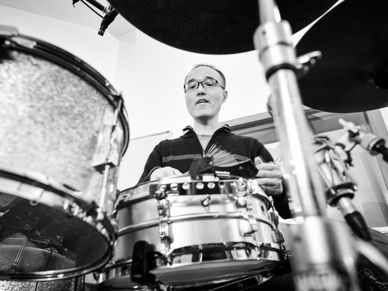 Jazz drummer Shinichi Nakajima playing in the main room